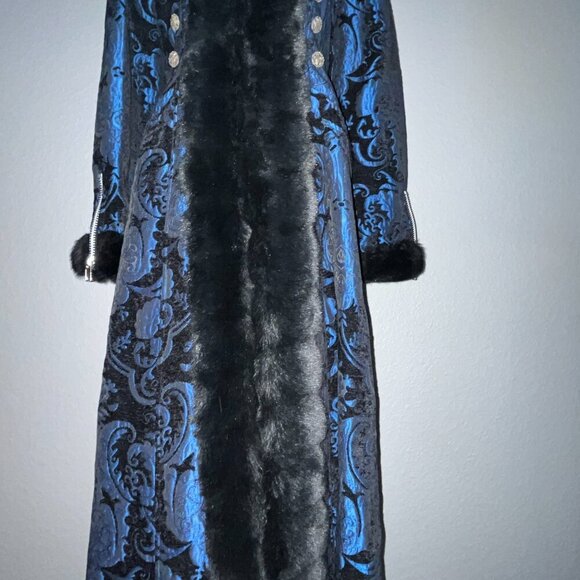 GOTH SHRINE BLACK FOREST MAXI COAT - BLUE/BLACK TAPESTRY - SOLD OUT - NWOT - L - Picture 7 of 15